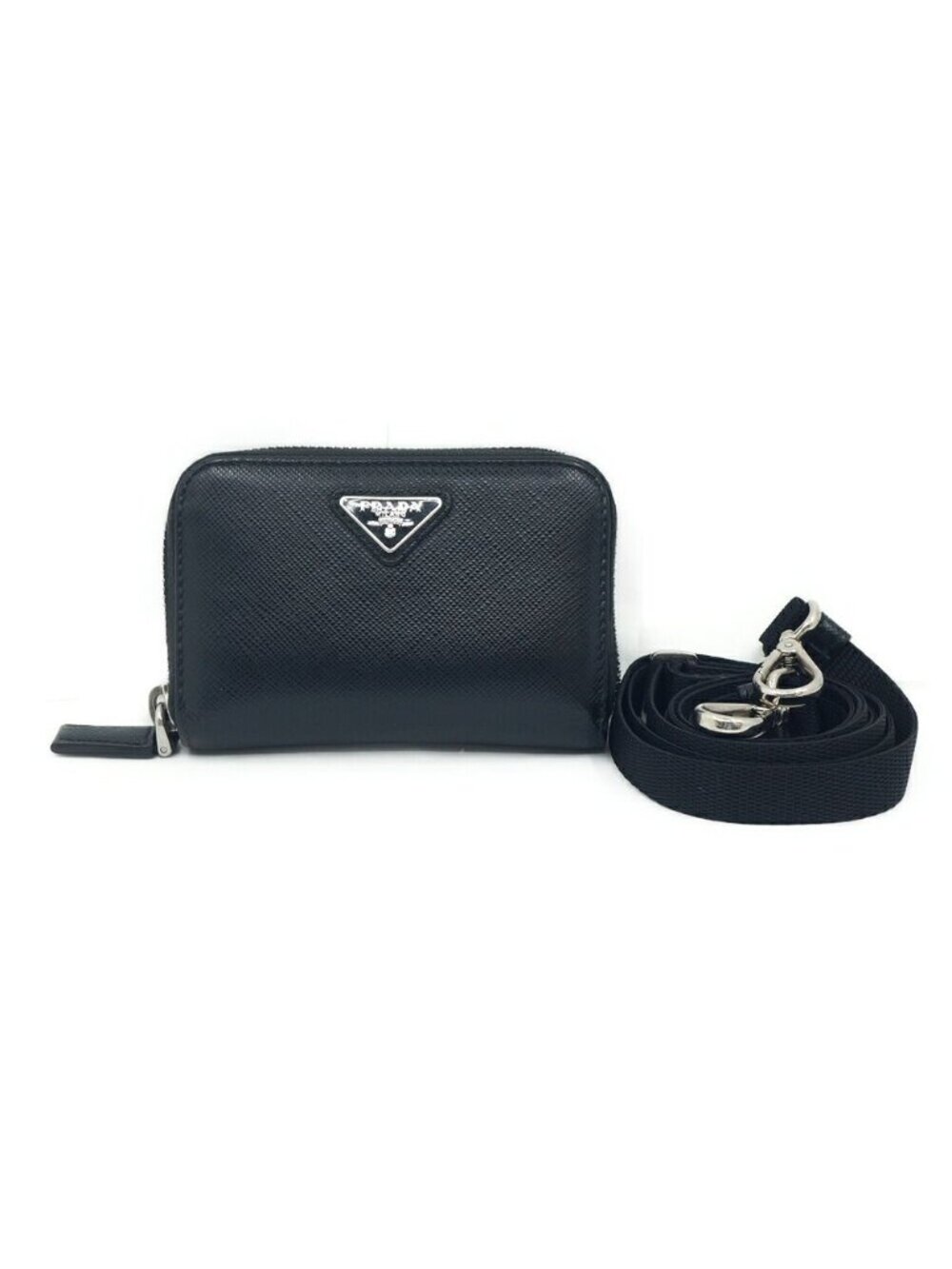Prada Shoulder Card Case Coin Purse Leather Coinverse Black Silver